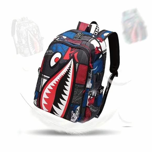 Shark Pattern Backpack, Trendy Nylon Student School Bag - Picture 3 of 9